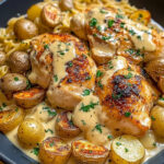Creamy Chicken with Roasted Potatoes and Pasta – One Pan Cozy Family Dinner